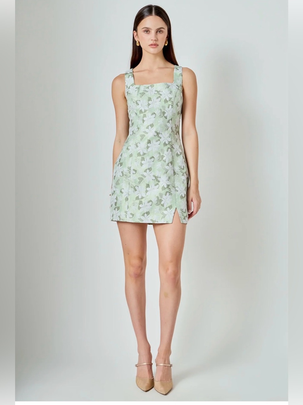 Endless Rose Mint Green Floral Jacquard Mini Dress